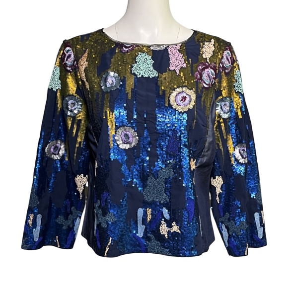 Geisha Designs Anthropologie Size Medium Embroidered Sequin Blue Orla Top - Picture 1 of 10